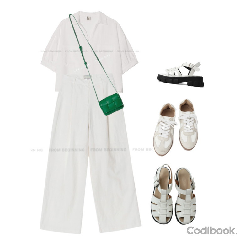 ITSHU 글래디스트랩 T자형 통굽샌들(5.3cm) 9115,From Beginning 체스 가죽미니백 (4color),AFTERMONDAY replica lace-up sneakers (2colors)등을 매치한 코디