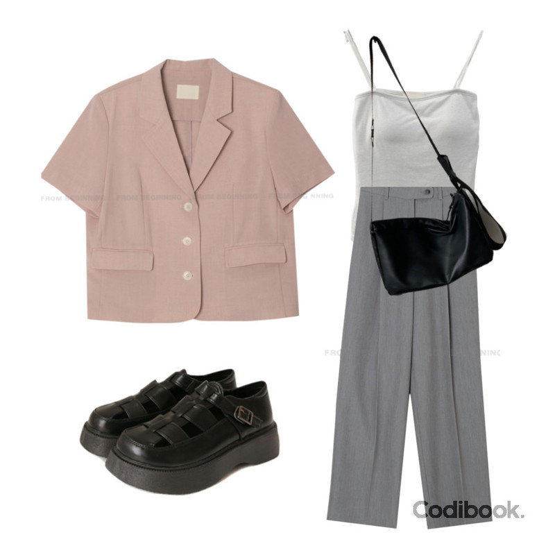 From Beginning 프렌치 핀턱와이드슬랙스 (3color),common unique METAN FISHERMAN PLATFORM SANDAL,DAILYJOU 레미 캡내장 끈나시 - 4 color등을 매치한 코디