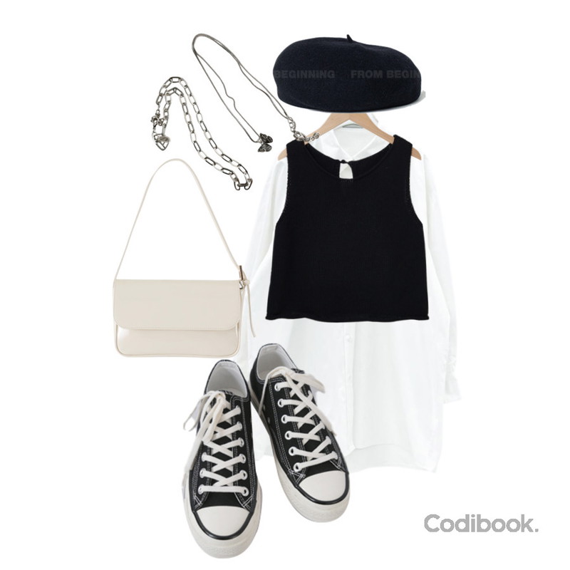 AFTERMONDAY basic casual color sneakers (10colors),From Beginning 스위티 니트슬리브리스 (3color),From Beginning 팔레트 울100베레모 (11color)등을 매치한 코디