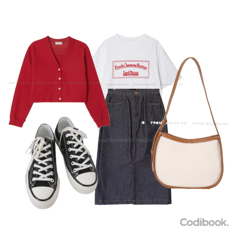 AFTERMONDAY basic casual color sneakers (10colors),Dang2girl 빅사이즈 26-38인치 블루 롱 슬릿 생지 데님 스커트,From Beginning 핀골지 코튼숏가디건(3color)등을 매치한 코디