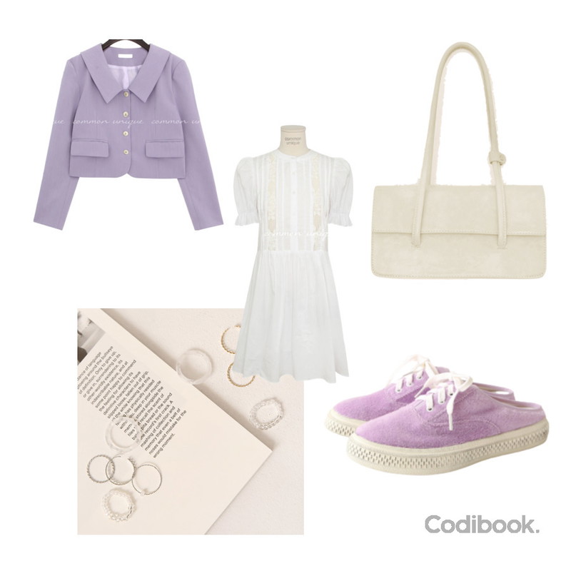 common unique LUVIN LAYERED RING 5 SET,common unique BITO SQUARE SHOULDER BAG,common unique DELPIN WIDE COLLAR CROP JACKET등을 매치한 코디