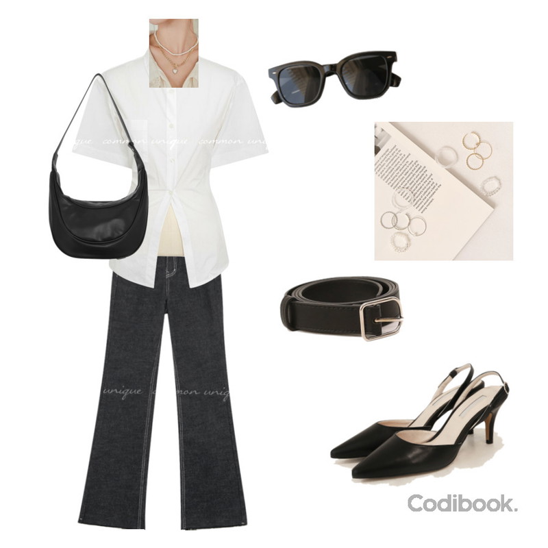common unique ROVA SILVER FRAME BELT,common unique LUVIN LAYERED RING 5 SET,common unique TOIKA LINE LEATHER HOBO BAG등을 매치한 코디