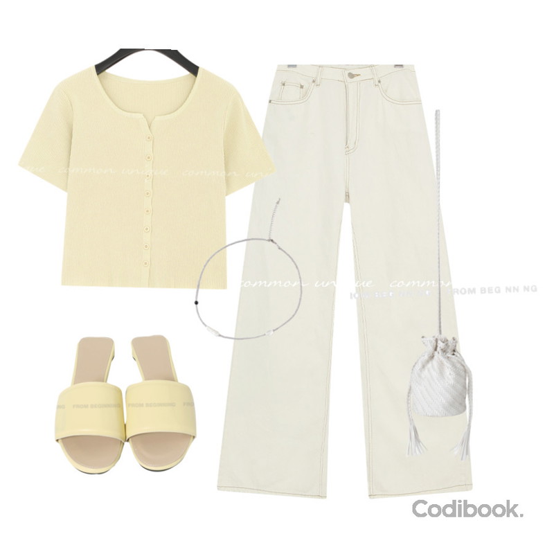 From Beginning 미니힐 베이직블로퍼 (6color),common unique WENTO GOLGI CROP 1/2 KNIT CARDIGAN,From Beginning 진주 비즈초커목걸이 (3color)등을 매치한 코디