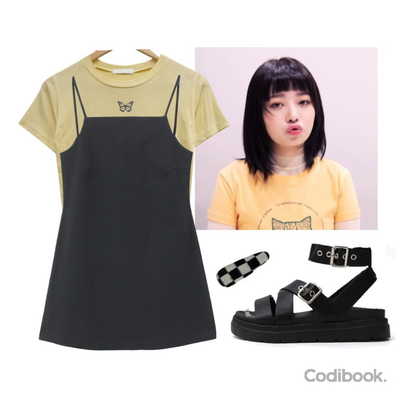 ITSHU 글래디스타일 투버클 X자 스트랩 통굽 샌들(2.9cm) 9130,closeclip 다나 체커보드 헤어핀,BULLANG GIRL 플라이 크롭 반팔티등을 매치한 코디