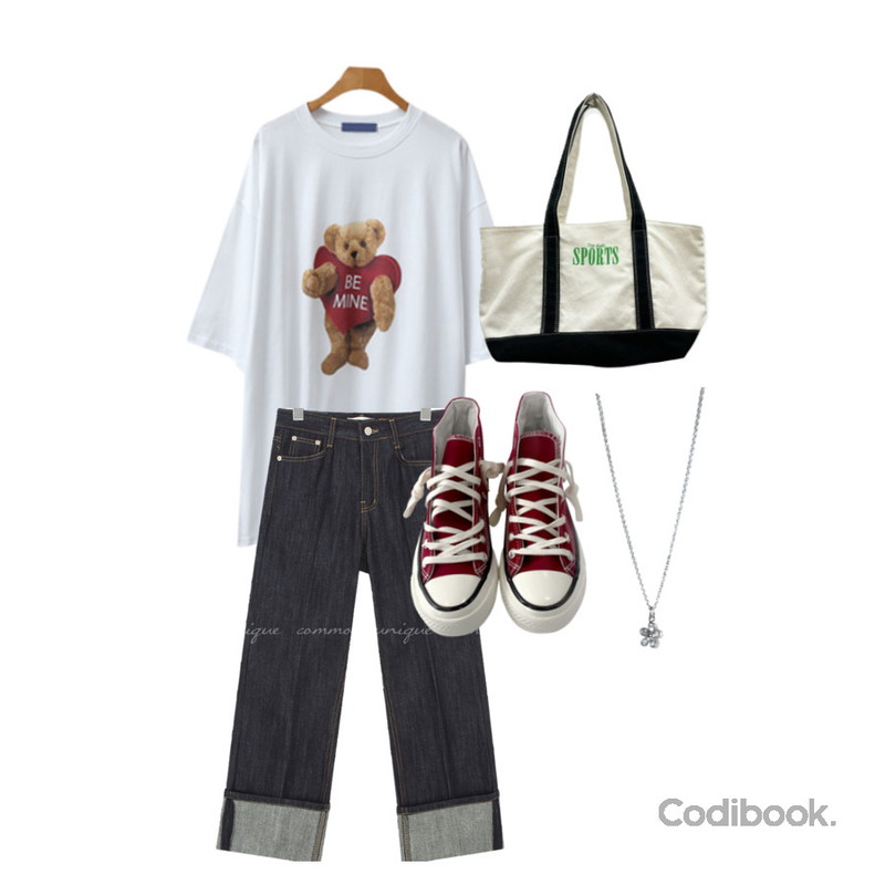 common unique SETA ROLL UP DENIM PANTS,ENVYLOOK 러브베어박시티,DAILYJOU 캔버스 하이 스니커즈 - 6 color등을 매치한 코디