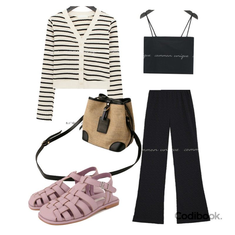 common unique PLING STRIPE GOLGI V NECK CARDIGAN,common unique VOKA FISHERMAN STRAP SANDAL,common unique WIBER SLIM CROP CAP SLEEVELESS등을 매치한 코디