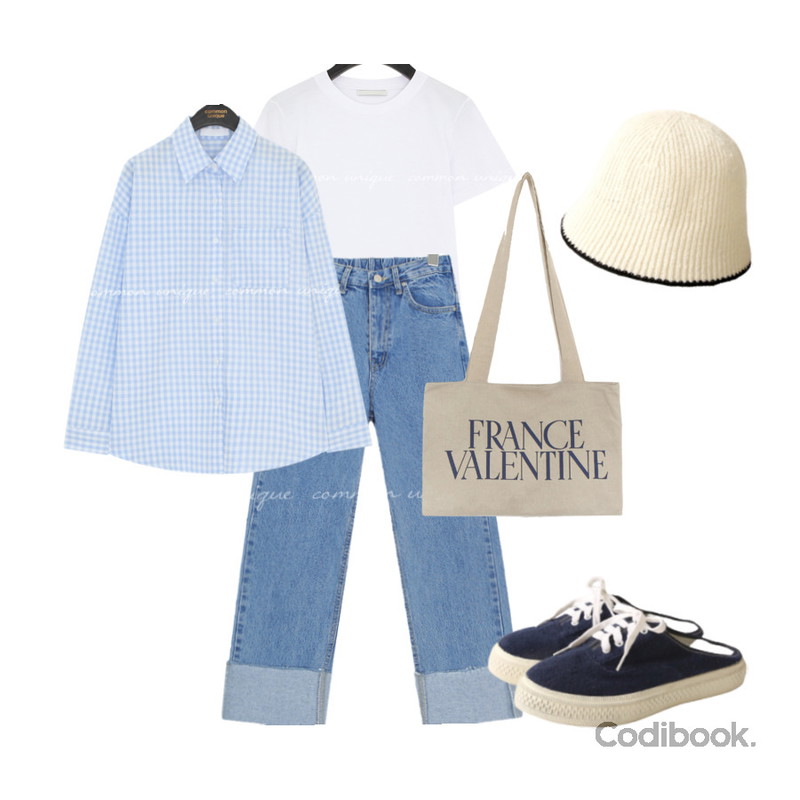 common unique KENTO ROLL UP BANDING DENIM PANTS,common unique ELLID BASIC SLIM CROP 1/2 T,common unique PABER GINGHAM CHECK LOOSE FIT SHIRTS등을 매치한 코디