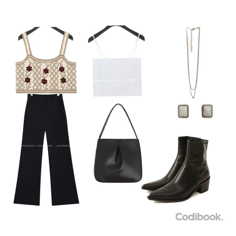 common unique FONTE MARBLE STONE EARRING,common unique PONTE SQUARE TOTE BAG,common unique LUIVE STILETTO ANKLE BOOTS등을 매치한 코디
