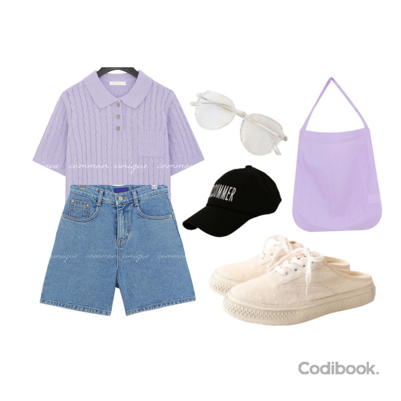 common unique BONERD DENIM SHORTS,common unique VAEL NYLON SHOULDER BAG,common unique DEVER CABLE POCKET COLLAR 1/2 KNIT등을 매치한 코디