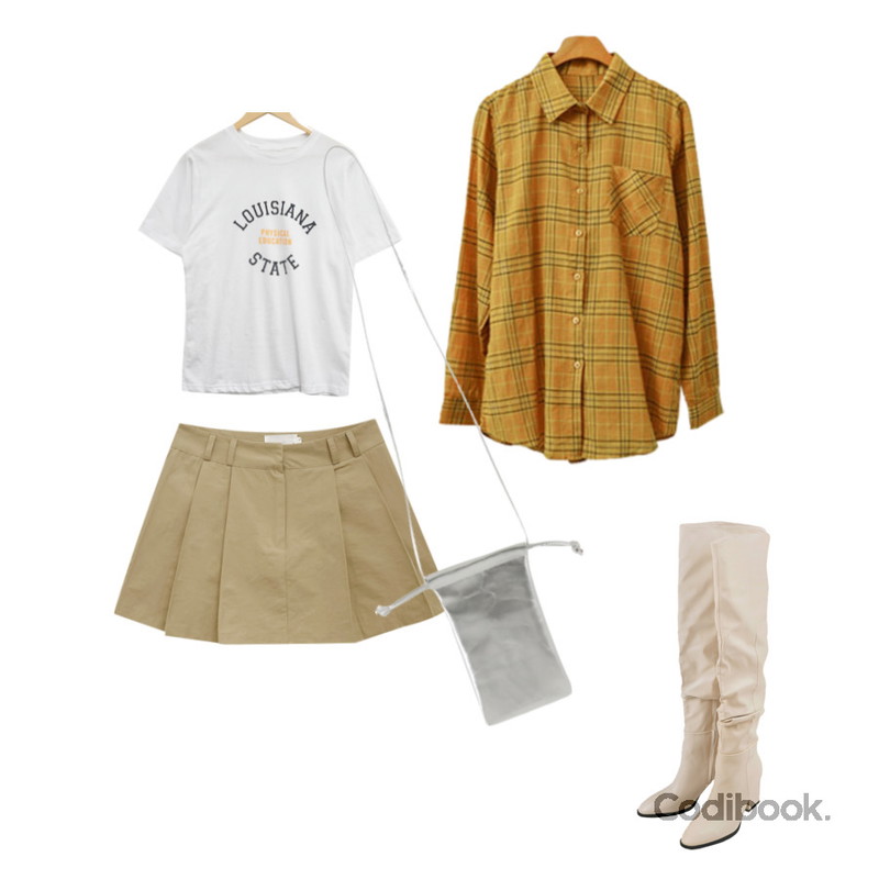 VANILLAMILK 부르덴 링클 니하이 롱부츠,From Beginning 글로시 미니숄더백 (18color),BULLANG GIRL 피지컬 반팔티등을 매치한 코디