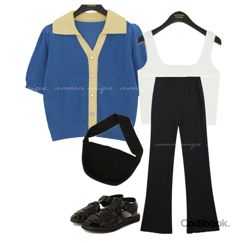 common unique VERTE GLADIATOR SANDAL,common unique PEILLO WRINKLE BANDING BOOTS PANTS,common unique BONIK CROP KNIT SLEEVELESS등을 매치한 코디