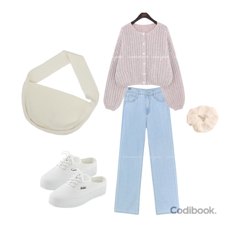 common unique PENIO BALLOON LOOSE KNIT CARDIGAN,common unique KIDEN STRAIGHT DENIM PANTS,CHAAKAN 네스티 뮬 스니커즈 SNFBR3c097등을 매치한 코디