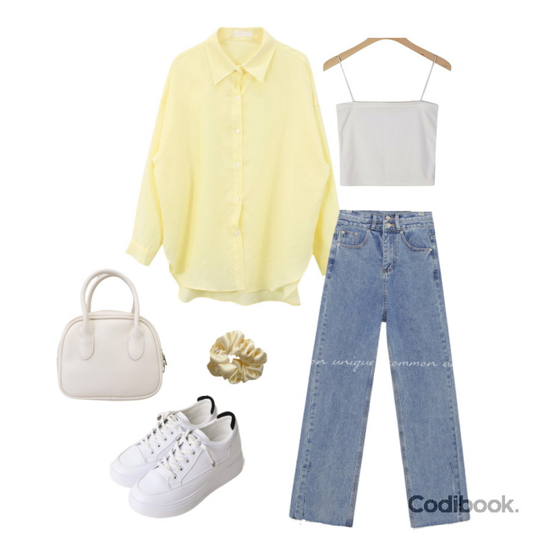 common unique DOPIN 2 BUTTON SLIT LONG DENIM PANTS,WONLOG 미니 헤어슈슈,LOVELY SHOES 한걸음더 키높이 스니커즈 6cm등을 매치한 코디