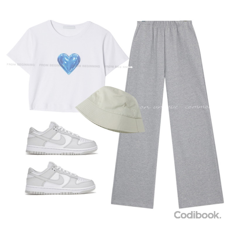 WONLOG 엠티피 벙거지,common unique EASY COTTON TRAINING PANTS - 2 VER.,From Beginning 하트 미니크롭반팔티 (3color)등을 매치한 코디