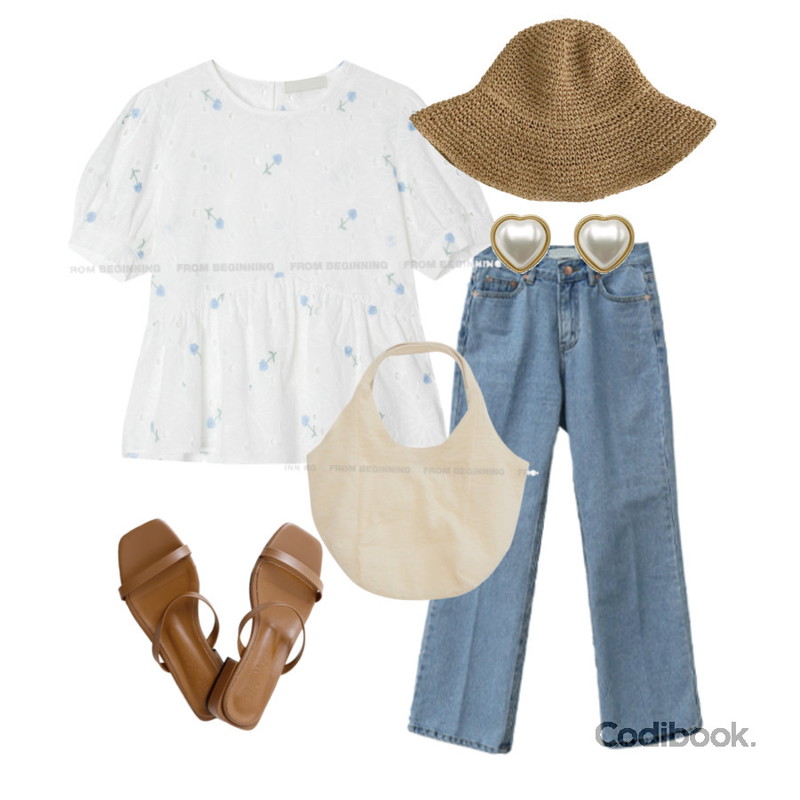 ENVYLOOK 에슈드샌들,RIGHT HERE 엔틱 하트 진주 팬던트 귀걸이 W,MINIBBONG 파도 밀짚 버킷햇등을 매치한 코디