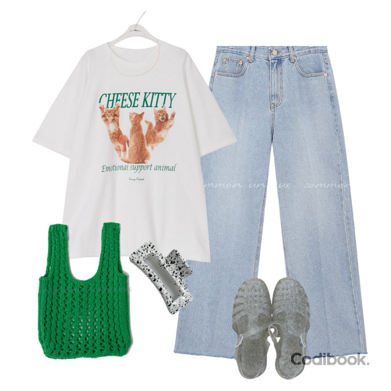 DAILYJOU 마블 집게 헤어 핀 - 2 color,binary01 키튼 홀든 티셔츠,common unique REBER CUTING LONG DENIM PANTS등을 매치한 코디