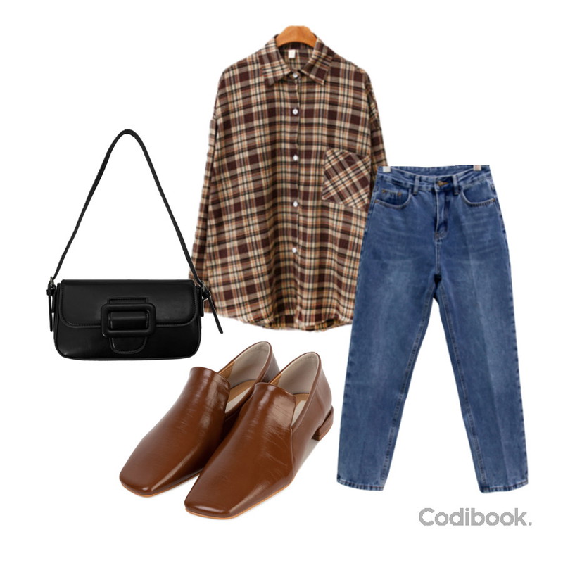 ENVYLOOK 차분한기모체크셔츠,porterna 메이트 크랙 로퍼,thanksmerry 레직기 난스판 보이핏 일자 청바지등을 매치한 코디
