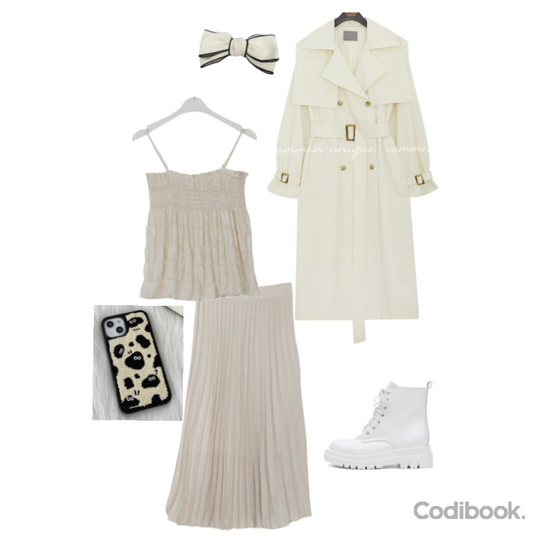AWAB 새틴주름롱스커트(6color),owler market 까망이 먼지 뽀글이 자수 아이폰 케이스,common unique DIBAIN CAPE BELT DOUBLE TRENCH COAT등을 매치한 코디