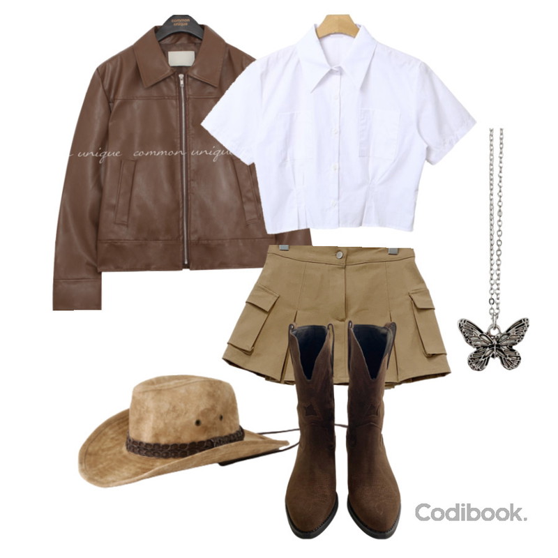 common unique MAEL LEATHER ZIPUP JACKET,DAILYJOU 테피 웨스턴 부츠 - 5 color,common unique PRIVAN WESTERN STRING FEDORA등을 매치한 코디