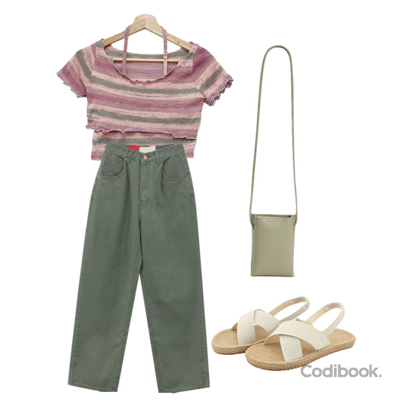 WONLOG 주디크 와이드 팬츠,designershoes 리넨 크로스 슬링백 플랫샌들 베이지,Dayroze 페인팅 홀터넥 레이어드 티 (4color)등을 매치한 코디