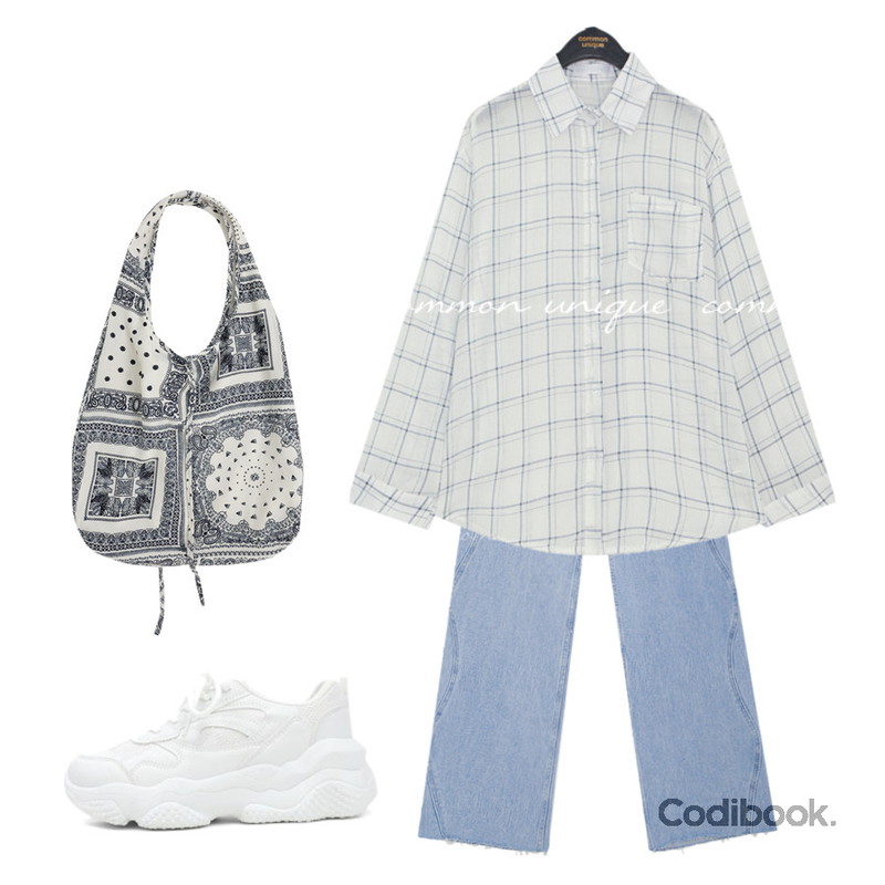 NONCODE 페이즐 백 (아이보리),ITSHU 메쉬 통굽 어글리 스니커즈(5.9cm) 10831,common unique NIVO SUMMER CHECK ROLL UP SHIRTS등을 매치한 코디