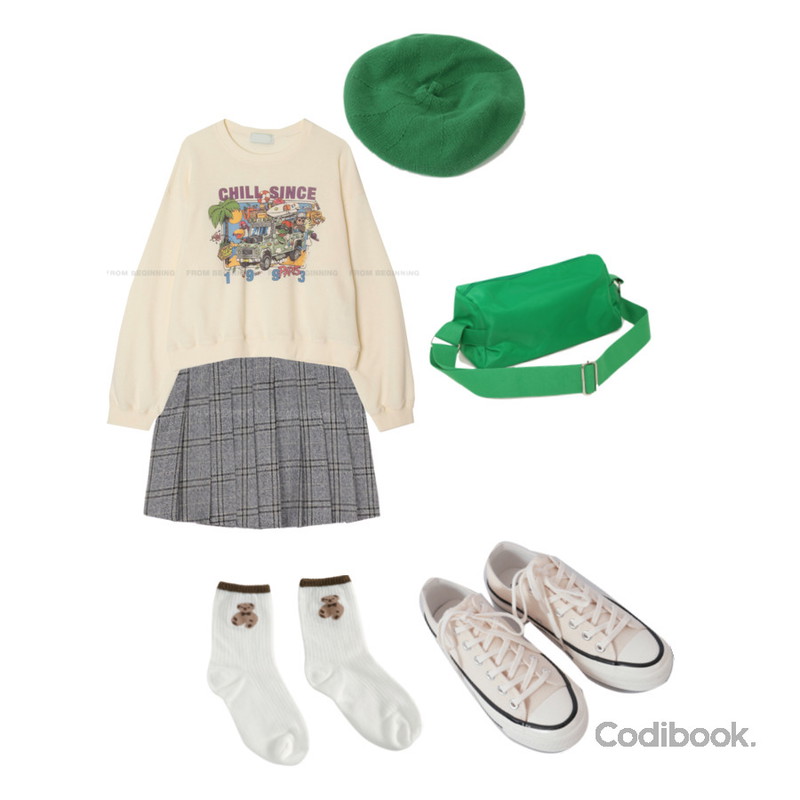 AFTERMONDAY basic casual color sneakers (10colors),From Beginning 데일리 코튼니트베레모 (16color),Dang2girl 빅사이즈 26-36인치 아튼 체크 플리츠 미니스커트등을 매치한 코디