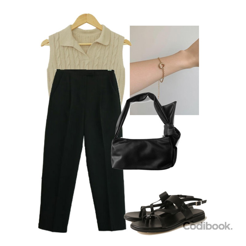 whitemood 위든 써클 펜던트 팔찌 (2color),common unique BELOI CROSS STRAP SANDAL,frenchaube 릴리즈 비비드 카라 꽈배기 나시 여름 크롭 니트(6color)등을 매치한 코디