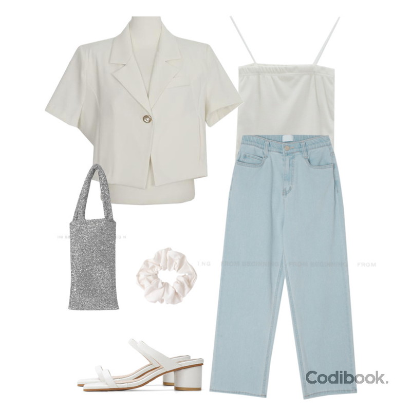 From Beginning 캐츠 헤어스크런치 (5color),From Beginning 글리터 토트백 (2color),ITSHU 더블 스트랩 라운드굽 미들힐 뮬샌들(5.0cm) 9209등을 매치한 코디