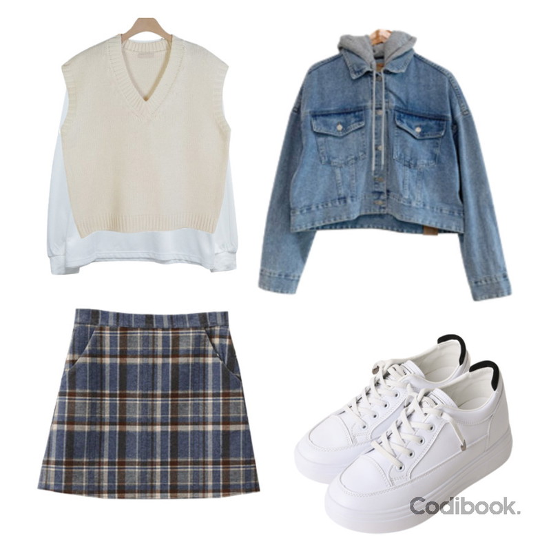 ENVYLOOK 해브스판체크스커트,Dday Girl 라쉬 그레이 후드 오버핏 데님 자켓,BULLANG GIRL 무지 트임 맨투맨등을 매치한 코디