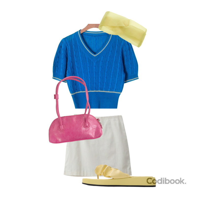 DAILYJOU 덤프 숄더 백 - 6 color,RIGHT HERE 시스루 오간자 헤어밴드 W,dangosister 배색브이꽈크롭니트(5c)등을 매치한 코디