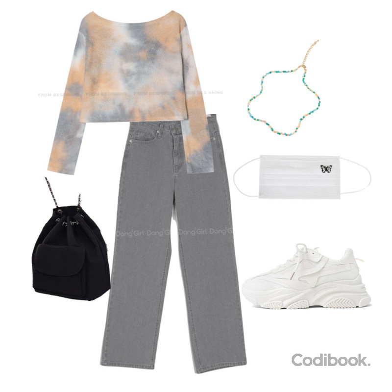 ITSHU 3가지 컬러 레이스업 어글리 스니커즈(5.8cm) 11051,picknfit 캐주얼 심플 캔버스 체인 백 팩,Dang2girl 첸느 사계절 세미 와이드 데님팬츠등을 매치한 코디