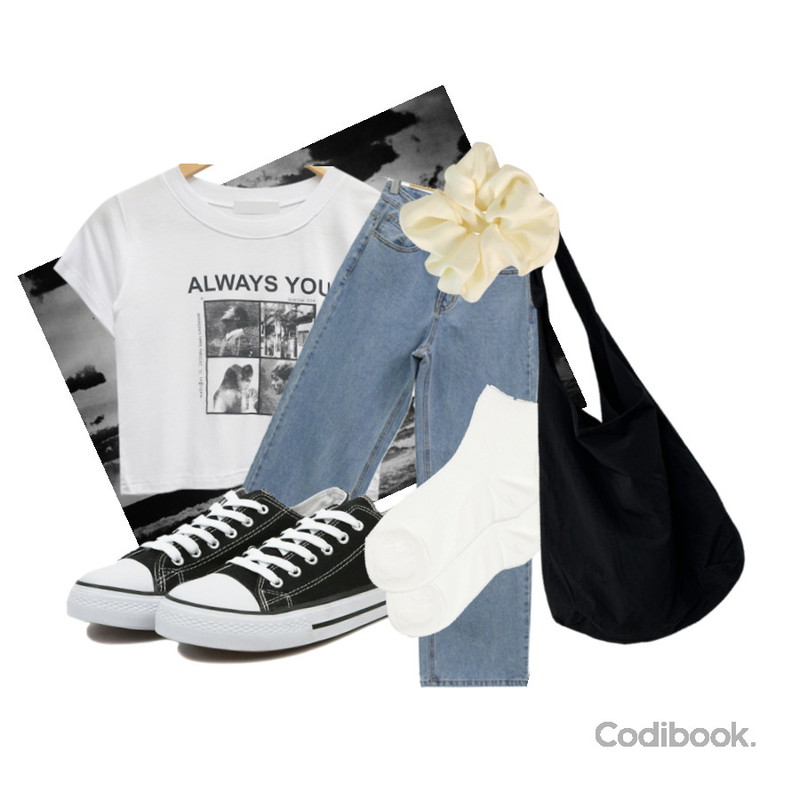 common unique COMEN DAILY GOLGI SOCKS,DAILYJOU 로플 매듭 숄더 슬링백- 3 color,VANHECER 베이직 캔버스 스니커즈 S#JI060등을 매치한 코디