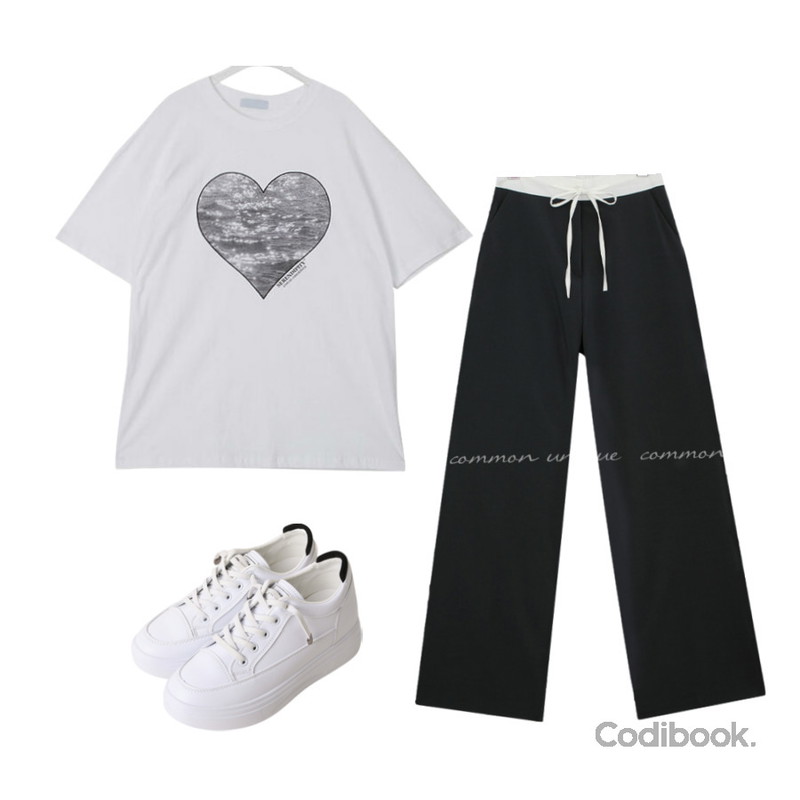 LOVELY SHOES 한걸음더 키높이 스니커즈 6cm,common unique FERI COLORING LINE STRAP WIDE SLACKS,binary01 루즈핏 라리 프린팅티셔츠등을 매치한 코디