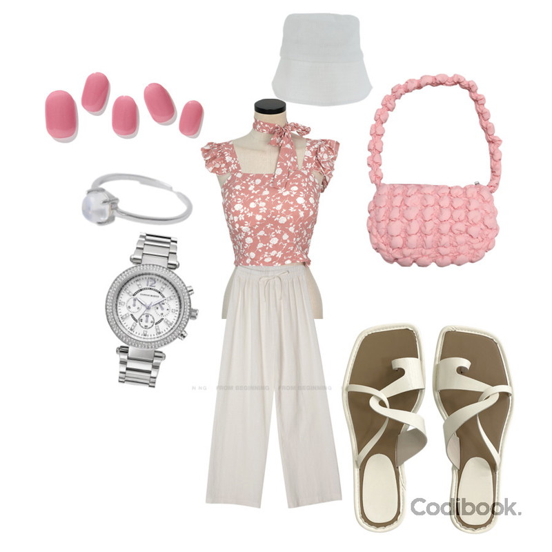 ENVYLOOK 핑크포션,VANHECER 한나마틴 여성손목시계 HM#W010,moodinslow Short linen bucket hat등을 매치한 코디