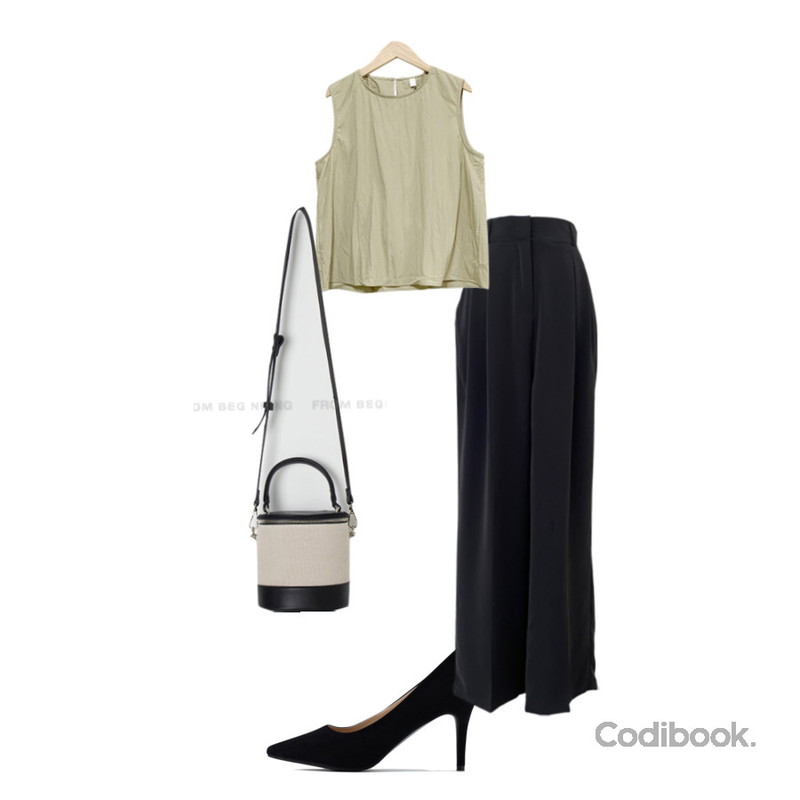 CHAAKAN 멀린 스틸레토 하이힐 PPSDT3b4320,gifteabox 누구나 소장가능, 기장 3컬러 투핀턱 뒷밴딩 와이드 슬랙스,From Beginning 레더 배색버킷백 (2color)등을 매치한 코디