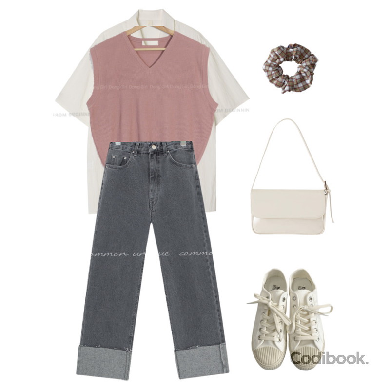 wonderwonder 클루리스 하이틴 체크 곱창 헤어밴드,common unique KENTO ROLL UP BANDING DENIM PANTS,DAILYJOU 돌먼 스니커즈 - 3 color등을 매치한 코디