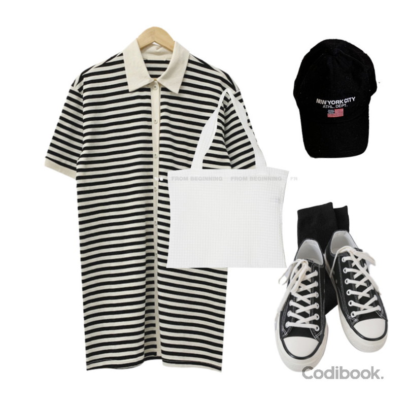 AFTERMONDAY basic casual color sneakers (10colors),Daltt 뉴욕 시티 자수 볼 캡,Daltt 롬앤드 스트라이프 원피스등을 매치한 코디