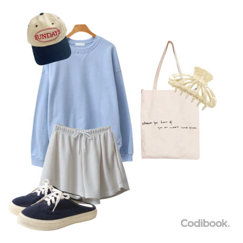 BULLANG GIRL 심플레터링에코백,ENVYLOOK 브이콘맨투맨,DAILYJOU 썬데이 레터링 볼캡 - 4 color등을 매치한 코디