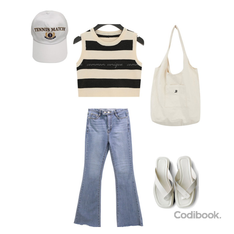 porterna 리버 에코 백,common unique KONIN STRIPE CROP KNIT SLEEVELESS,frenchaube 넛츠 빈티지 레터링 배색 볼캡 모자(2color)등을 매치한 코디