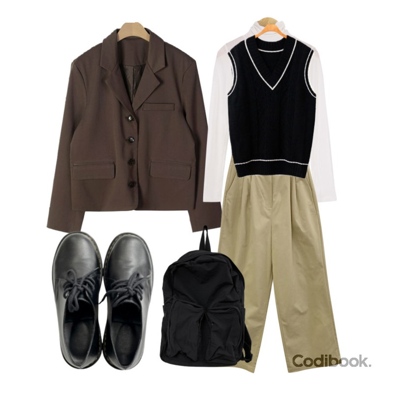 ENVYLOOK 피셔배색루즈베스트,SOMEPLACE #made some 파우더 베이직 폴라티,DAILYJOU 다미 끈 로퍼 - 3 color등을 매치한 코디