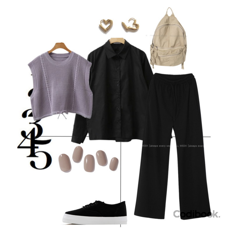 lavenir flory onetouch earring,ENVYLOOK 머드베이지,ENVYLOOK 스트링인티조끼등을 매치한 코디