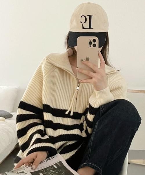 Striped half-zip high neck collar Knitwear 