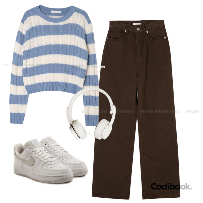 From Beginning 그라운드 코튼와이드팬츠 (3color),From Beginning 룩스 꽈배기스트라이프니트 (5color)등을 매치한 코디