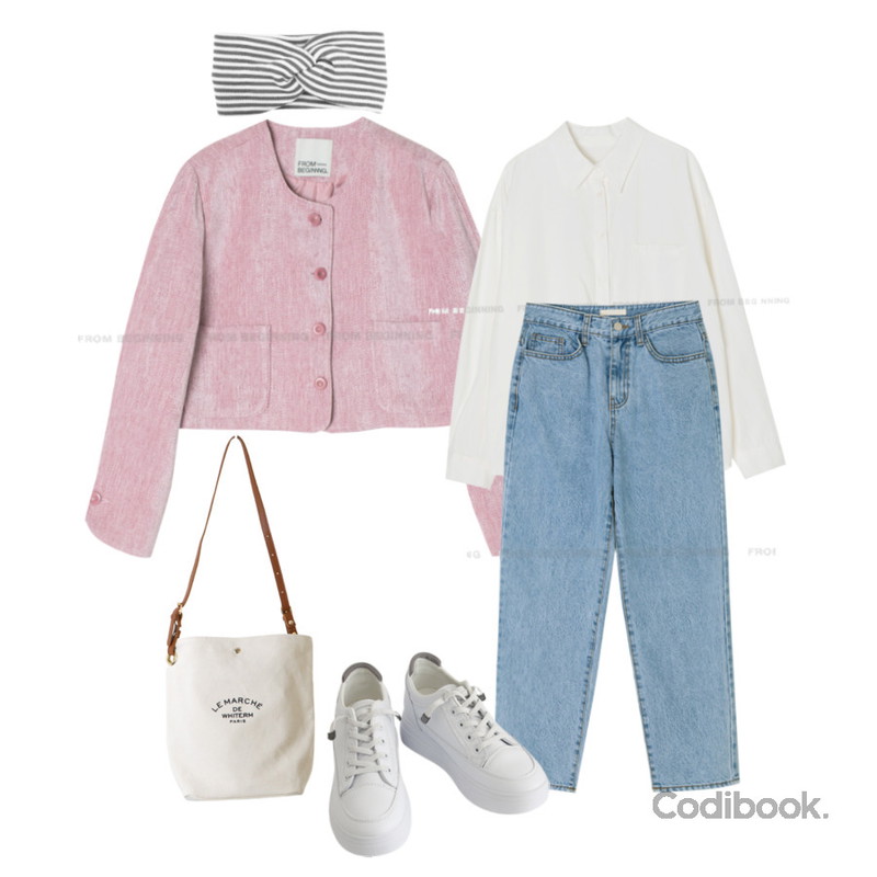 RIGHT HERE 스트라이프 헤어밴드 W,LOVELY SHOES 한걸음더 키높이 스니커즈 6cm,SOMEPLACE 몰린 캔버스 에코백등을 매치한 코디