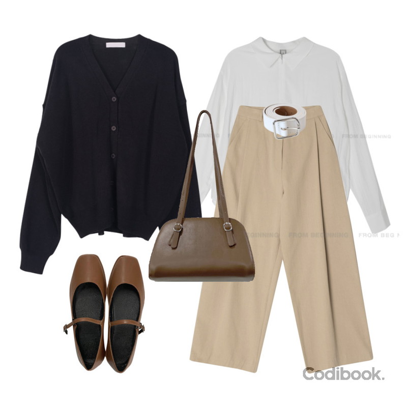 DAILYJOU 바진 메리제인 플랫 슈즈 - 4 color,closeclip 미아 데일리 벨트,From Beginning 하프집업 셔츠블라우스(3color)등을 매치한 코디