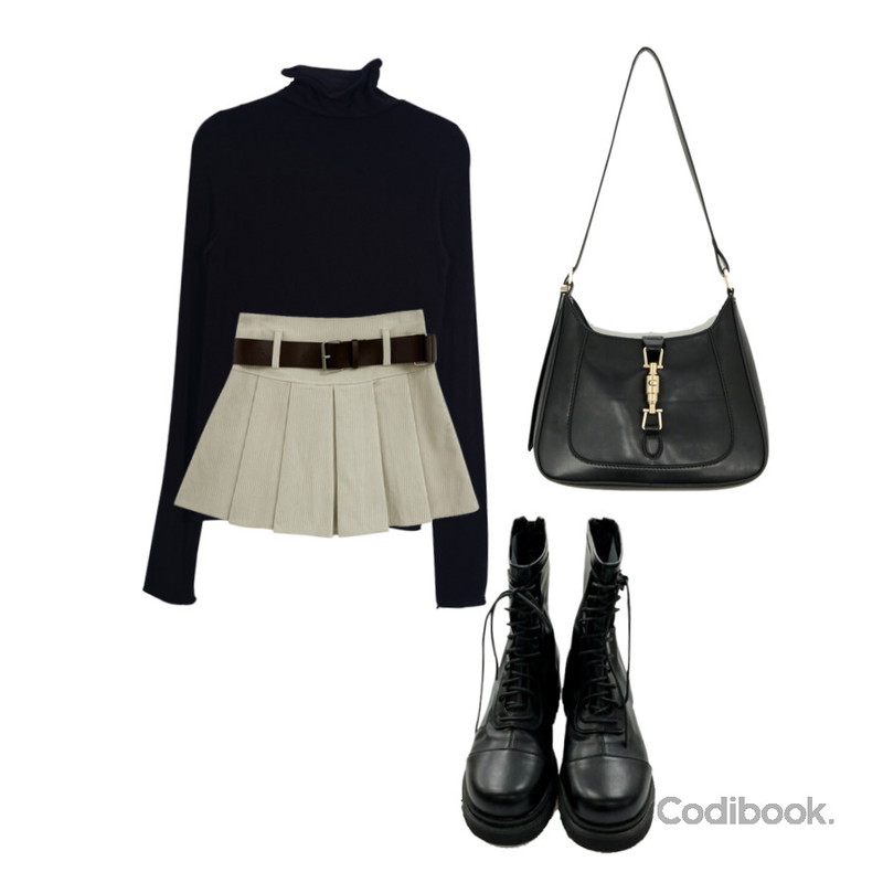 DAILYJOU 퍼빗 미들 워커 - 2 color,buttersoap 울 폴라 티셔츠,common unique 드리마 2 웨이 골드 버클 호보 백등을 매치한 코디