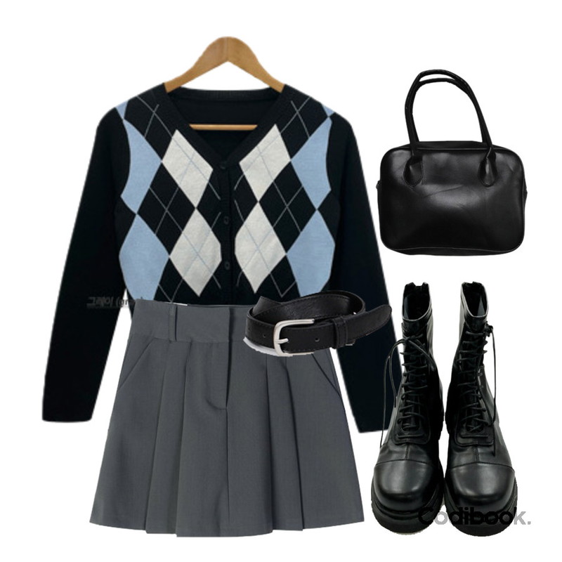Dday Girl 펜트, 아가일 니트 브이넥 가디건,From Beginning Simple buckle belt_Y (size : one),frenchaube 스푼 파스텔 박스 스퀘어 토트백 가방(4color)등을 매치한 코디