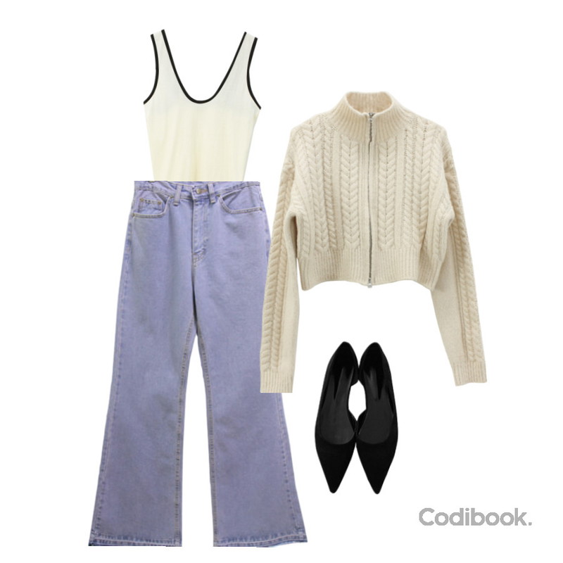 WONLOG 린스 배색 나시,MAGLE 뾰족 스텔레토 - 4 color,WONLOG 케이시 울 집업(nt)등을 매치한 코디