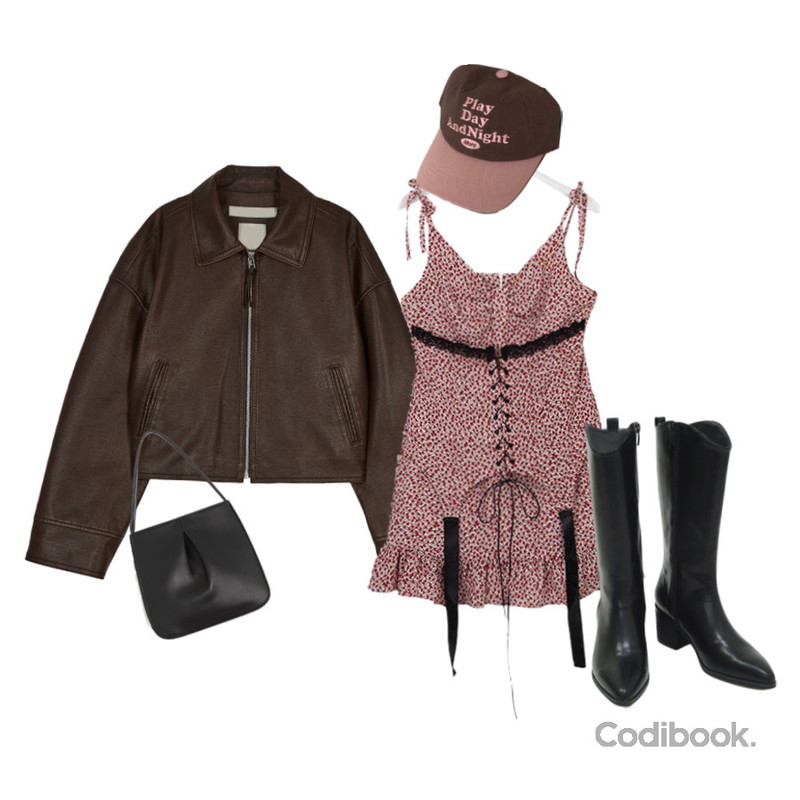 binary01 플라워 에버 미니원피스,common unique 폰테 스퀘어 토트 백,secon'de secon 엘리웨스턴미들워커 boots등을 매치한 코디