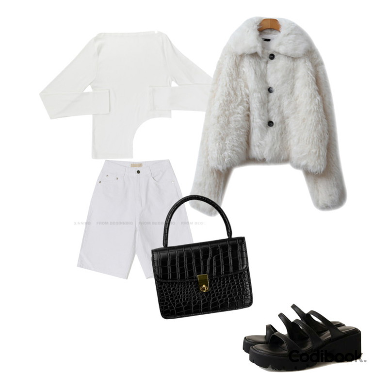 ENVYLOOK 크루엘퍼자켓,common unique 엘본 쓰리 라인 플랫폼 슬리퍼,From Beginning 하이드 데님버뮤다팬츠 (3color)등을 매치한 코디